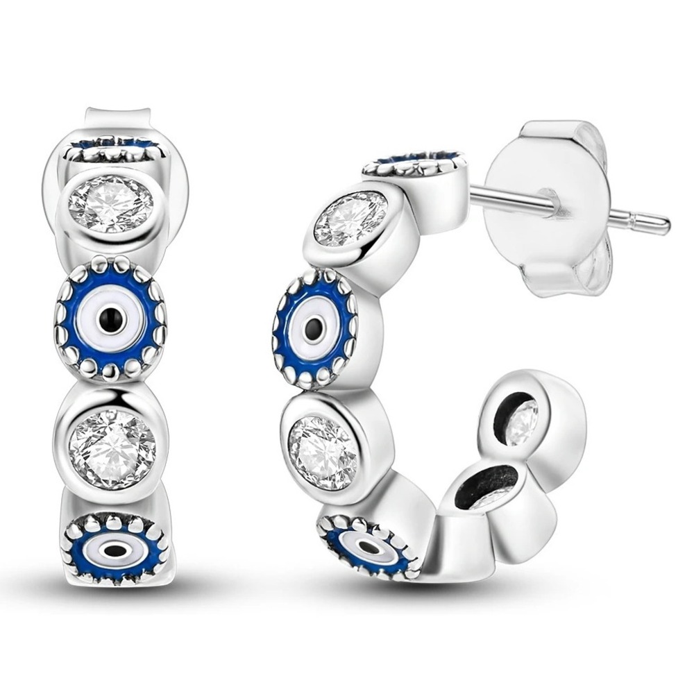 Evil Eye Hoop Earrings Silver Tone‎ Cubic Zirconia CZ Stud Earrings